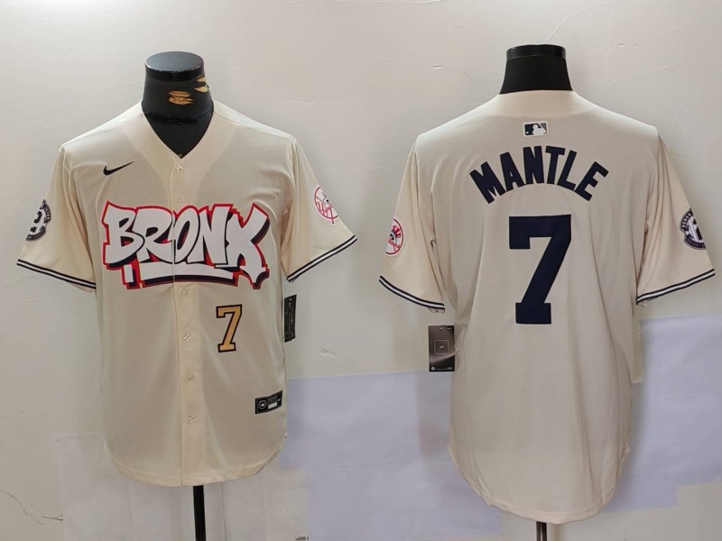 Men New York Yankees 7 Mantle Cream joint name 2024 Nike MLB Jersey style 2